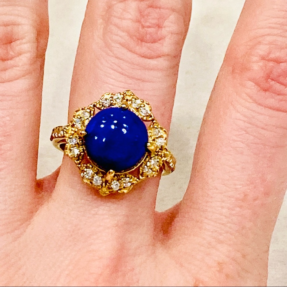 Cocktail Ring Size 6 Lapis Lazuli Cabochon & Diamonds